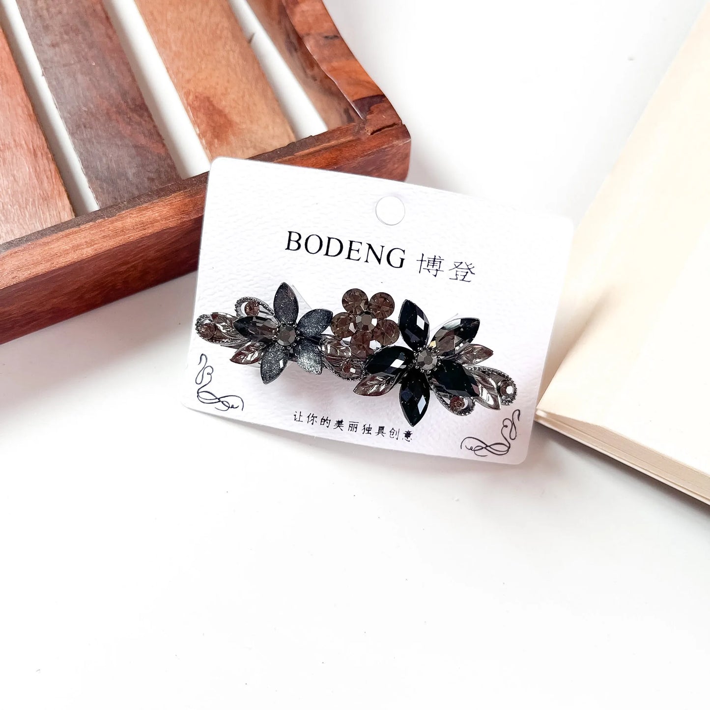 Triple bloom crystal barrette black smoke rhinestone flower clip