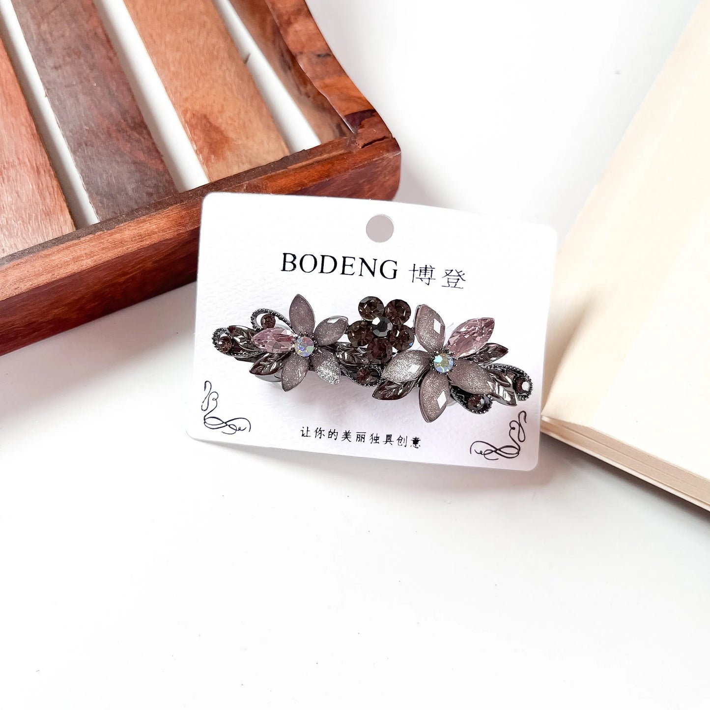 Triple bloom crystal barrette mauve lilac rhinestone hair clip
