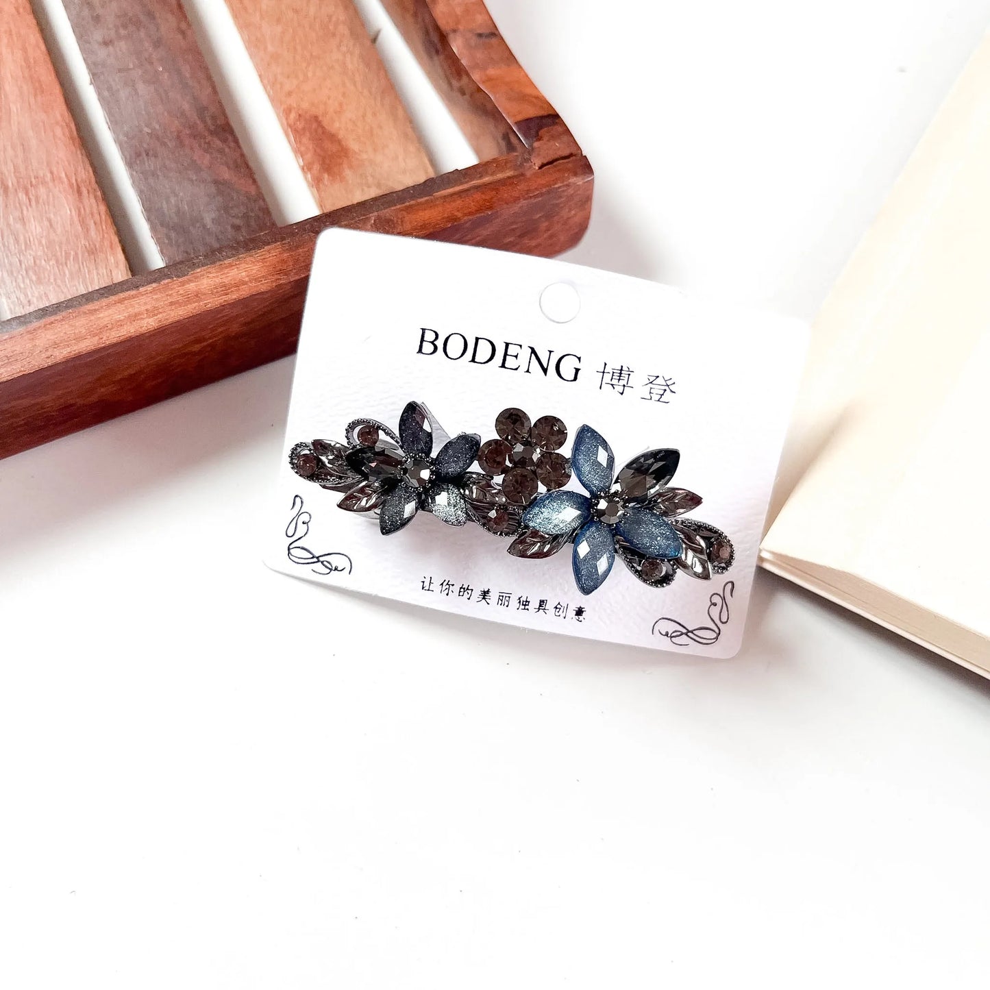 Triple bloom crystal barrette navy blue rhinestone flower barrette
