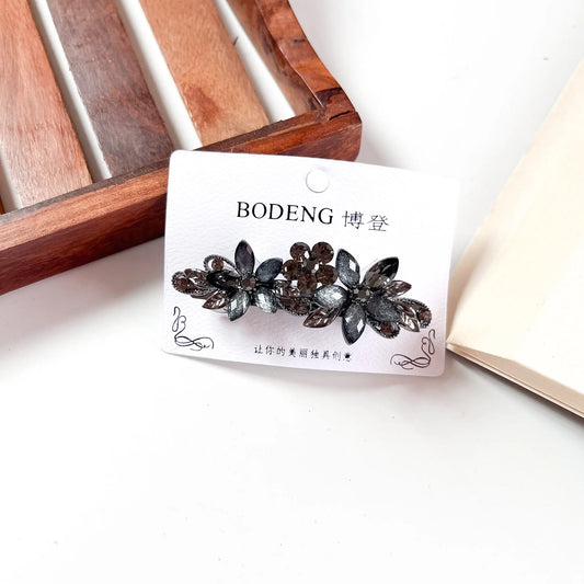 Triple bloom crystal barrette slate grey rhinestone barrette