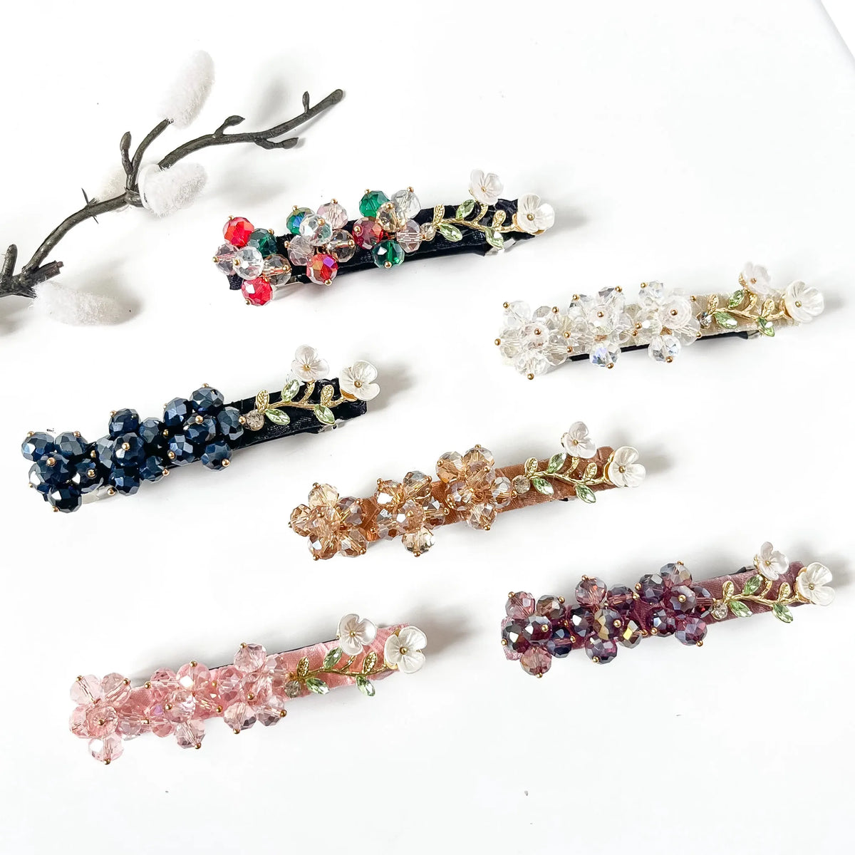 Velvet Blossom beaded crystal flower barrettes in confetti multicolour, frost clear white, sapphire navy blue, champagne gold, blush pink and plum purple