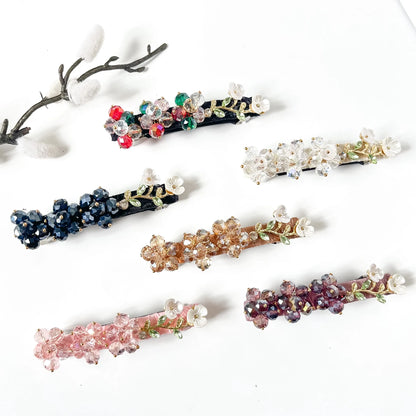 Velvet Blossom beaded crystal flower barrettes in confetti multicolour, frost clear white, sapphire navy blue, champagne gold, blush pink and plum purple