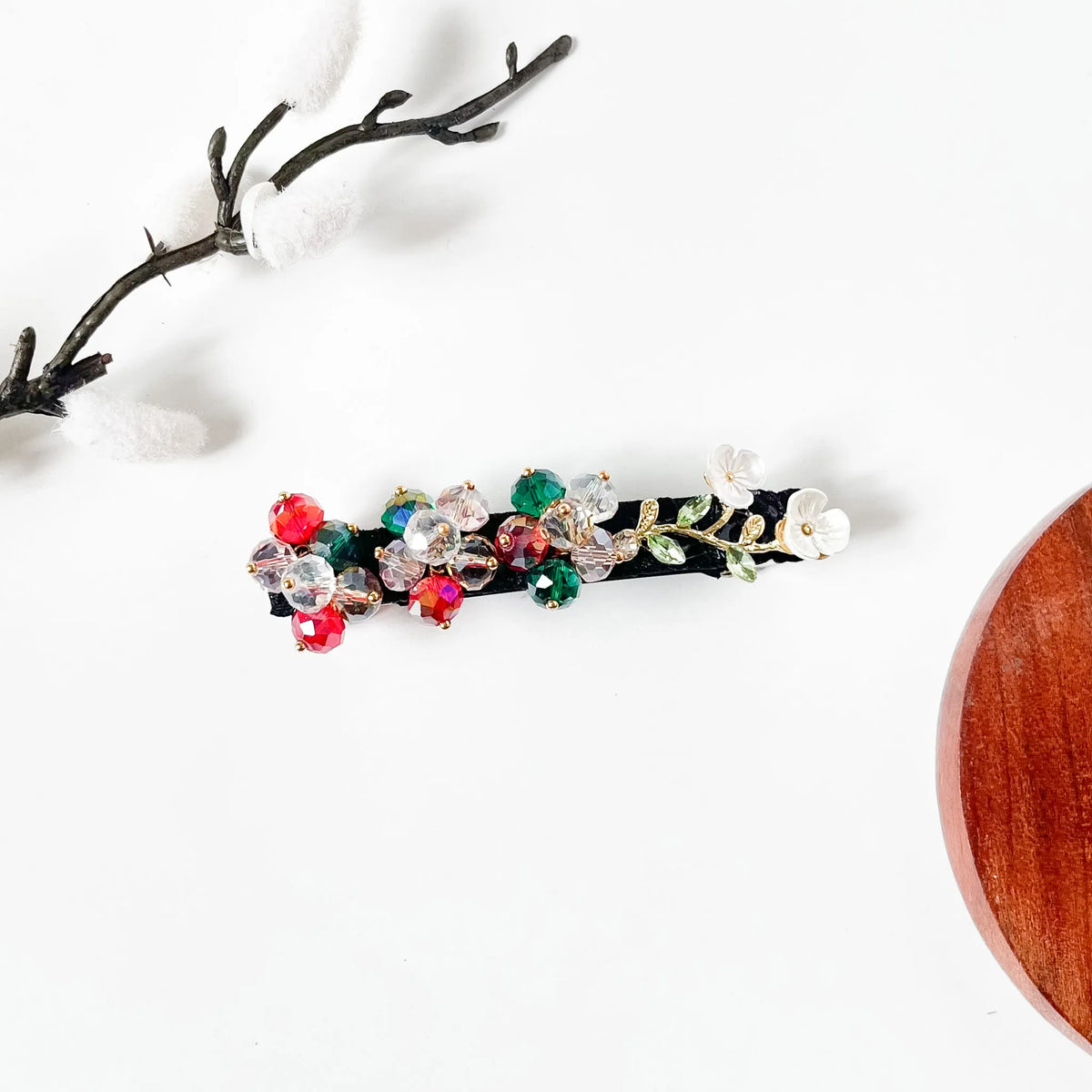 Confetti multicolour red, green and clear crystal flower hair clip on black velvet, a festive side barrette
