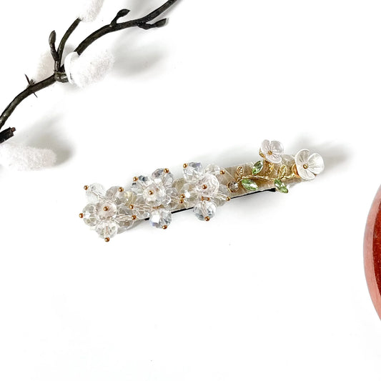 Frost clear white crystal flower hair clip on ivory velvet, an elegant beaded barrette for weddings