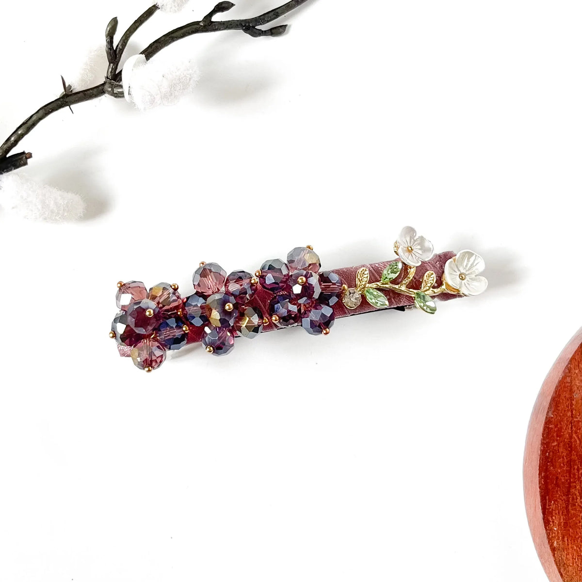 Plum purple beaded crystal flower hair clip on rose velvet with shell flowers, a pretty side barrette