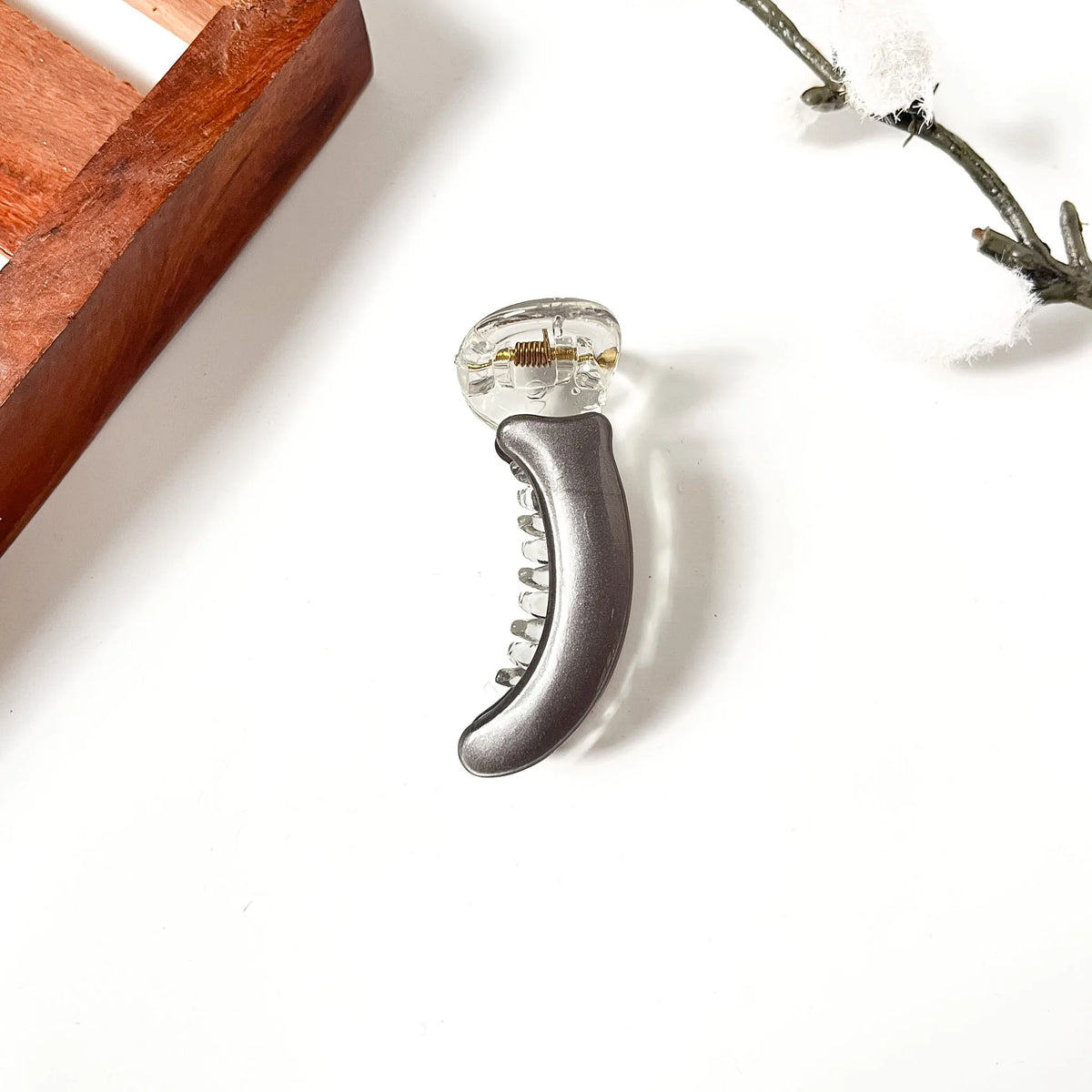 Midnight ebony black velvet handle banana clip with transparent acrylic, modern minimalist clip