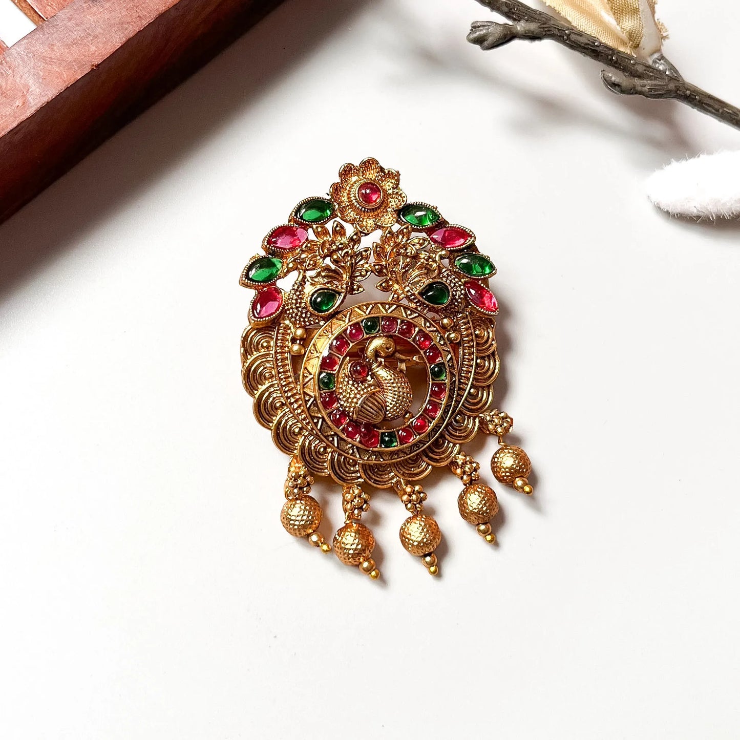 Ruby and green vintage peacock metal barrette with ornate filigree and dangling gold balls, 3cm