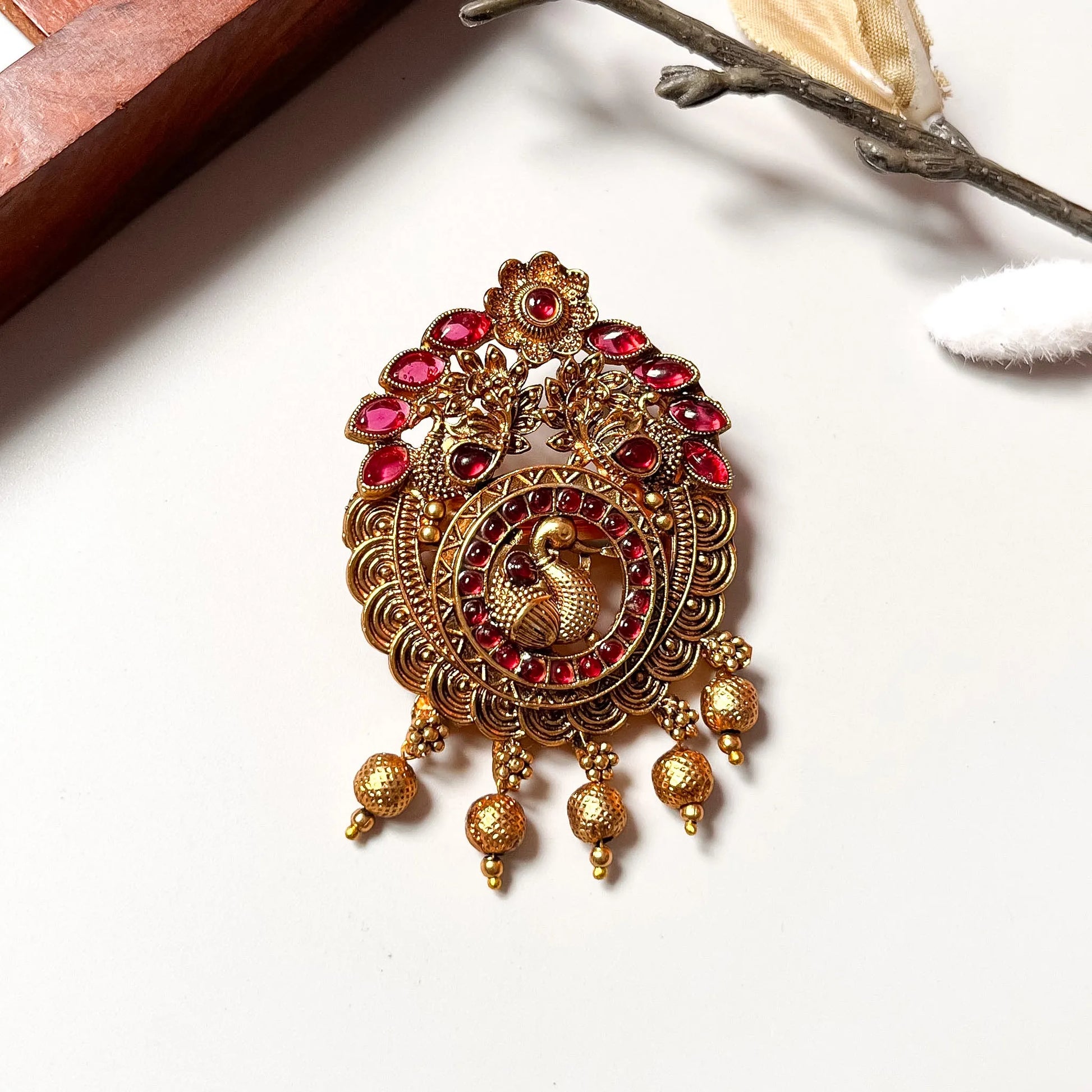 All-ruby vintage peacock metal barrette with traditional bird motif and gemstones, 2.5cm small