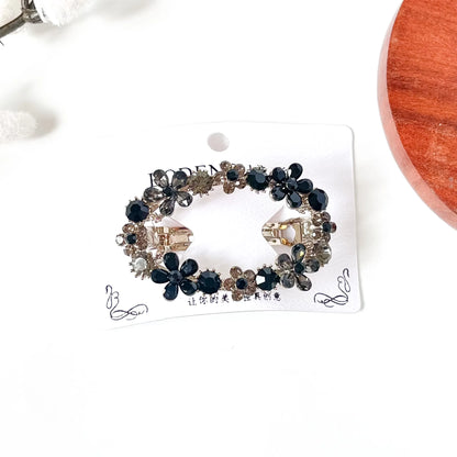 Noir black crystal flower wreath barrette with smoky grey stones, an elegant hair clip for thick hair