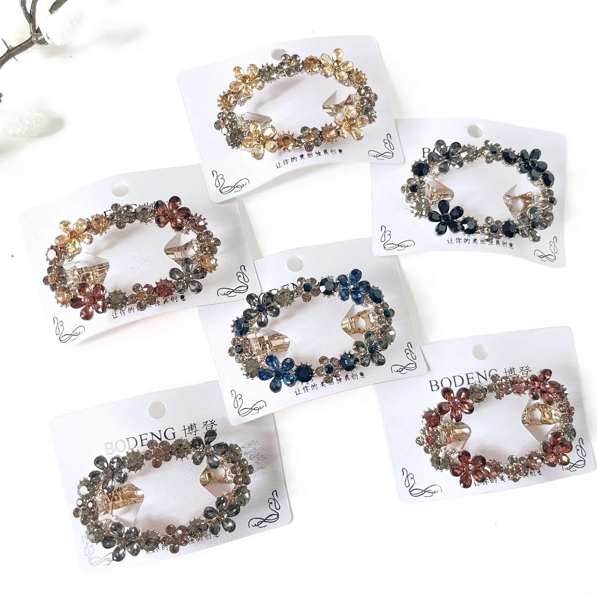 Wildflower Wreath crystal flower center clips in champagne gold, slate grey, harvest multicolour, noir black, sapphire navy blue and merlot burgundy